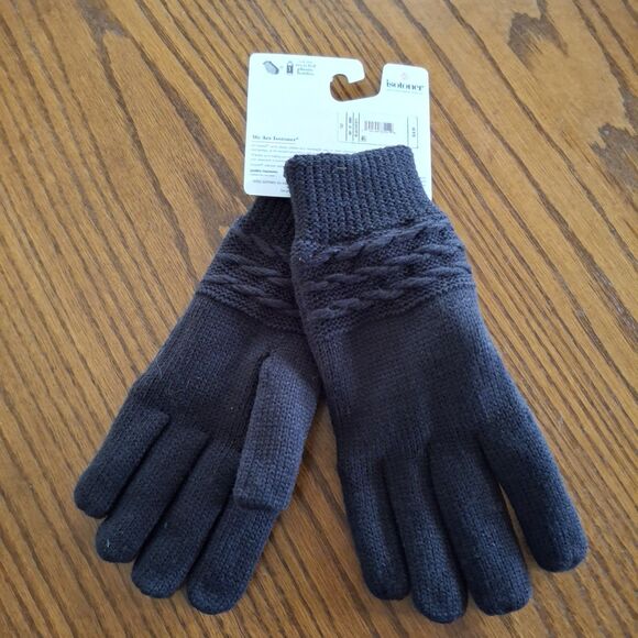 Isotoner Signature Women's Black Cable Knit Gloves 1-Size Fleece Lined New! - Picture 2 of 4